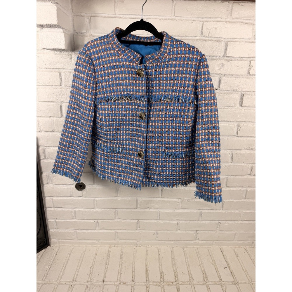 Per Se Womens 12 Tweed Lady Jacket Blue Orange Fringe Gold Button Metallic